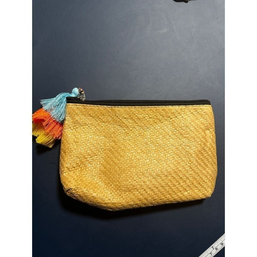 Nordstrom Woven Straw Cosmetic Pouch Yellow Tan Black Multi Tassel Zip Bag